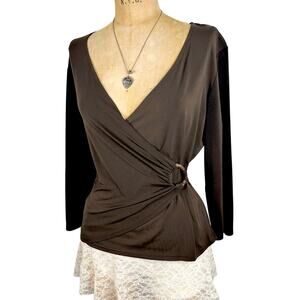 Vtg 90's Studio I Brown Faux Wrap Top L Ring Buckle Long Sleeve Y2K Grunge